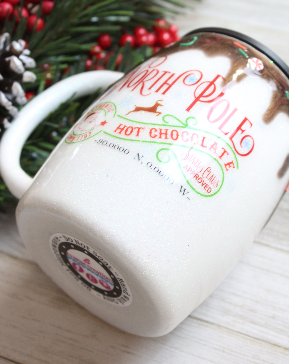 North Pole w/ Chocolate Drip - Glitter Mug - Stainless Steel Mug -  Christmas Tumbler Mug