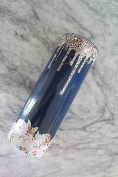 Navy Blue Tumbler with Pink Flowers and Rose Gold Glitter