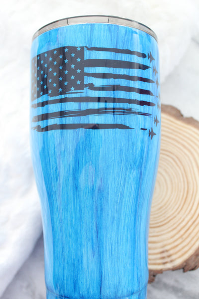 Blue Wood Grain American Flag with Airplanes Tumbler