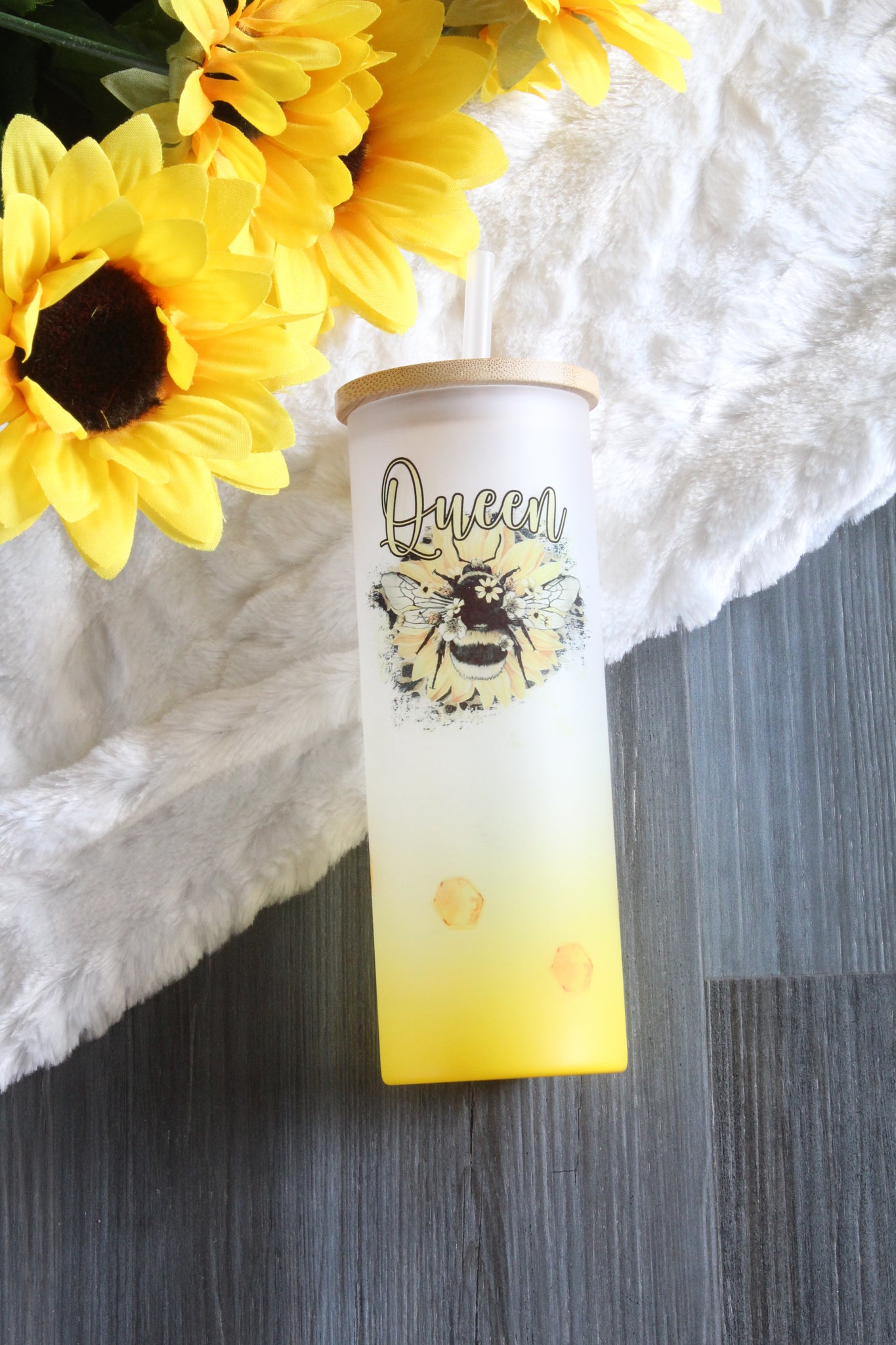 Queen Bee Honey and Sunflower Glass Sublimation Tumbler