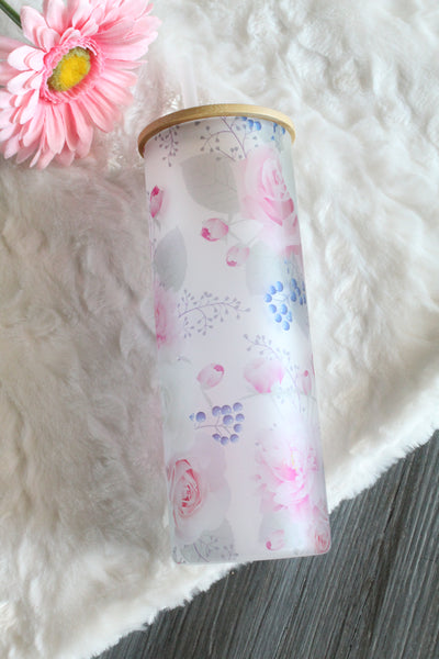 Pink and White Flower Sublimation Frosted Glass Tumbler